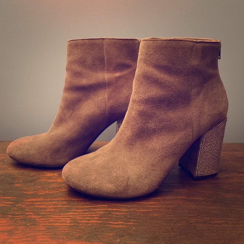 Beautiful Gray Suede Booties with Bedazzled Heels
